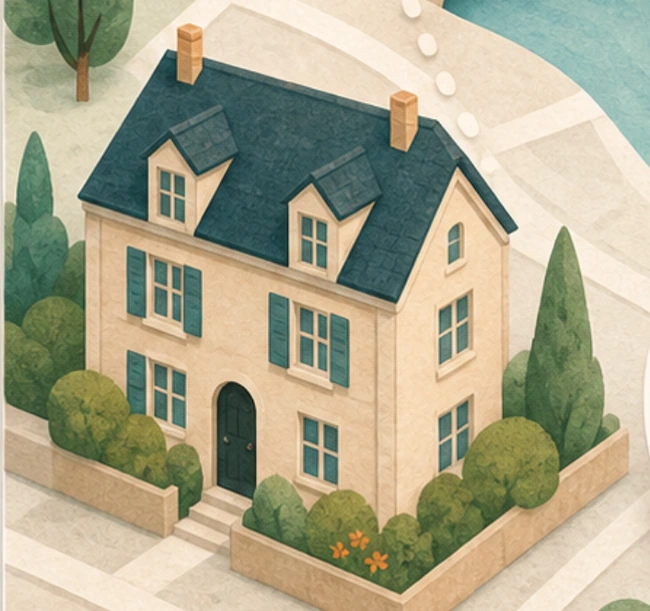 Ein illustriertes Haus mit Garten.