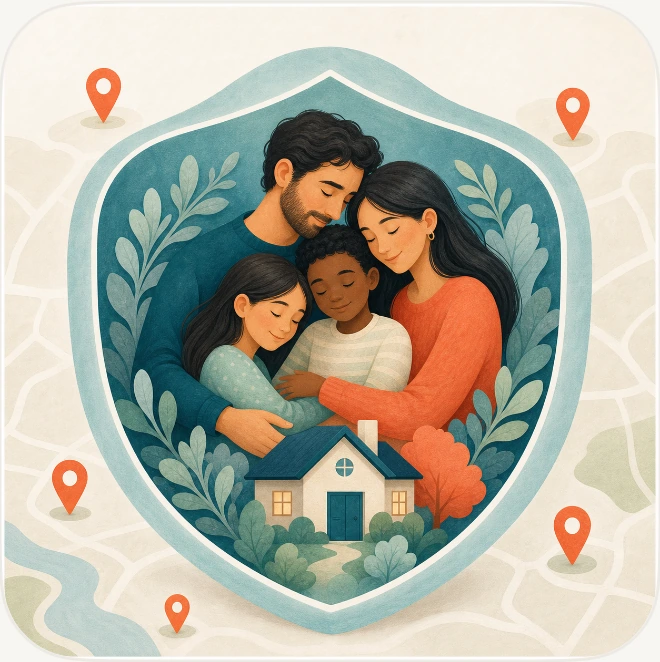 Eine illustrierte Familie, geborgen in einem schützenden Schild.